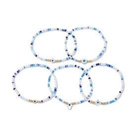 Frosted Glass Beaded Stretch Bracelets, Evil Eye Natural White Shell Link Bracelets for Women