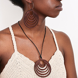 Комплекты из ожерелий с подвесками из дерева и вощеного шнура и серег-колец