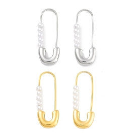 304 Stainless Steel & Plastic Imitation Pearl Safety Pin Hoop Earrings for Women, with 316 Stainless Steel Pins