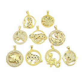 Brass Micro Pave Cubic Zirconia Pendants, Ring with Leopard Charms