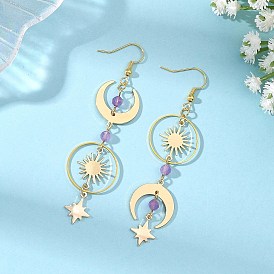 Brass & Natural Amethyst Dangle Earrings, Moon with Star