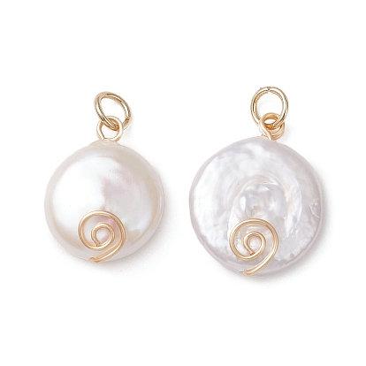 Натуральные кеши жемчужные подвески, плоские круглые подвески, обернутые экологически чистой медной проволокой, белые