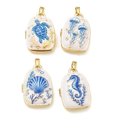 Ocean Sea Life Printed Brass Locket Pendants, Arch Charm, with Enamel