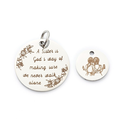 Pendentifs en acier inoxydable, plat rond avec motif sur le thème de la soeur