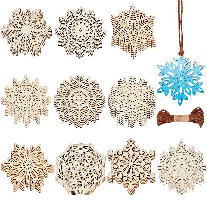 40Pcs 10 Style Undyed Natural Wooden Big Pendants, Laser Cut, with 1 Bundle Jute Twine