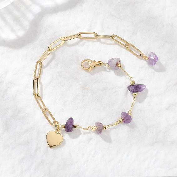 Браслеты из цепочек с бусинами из натуральных драгоценных камней и латунными скрепками, латунь сердца шарм браслеты для женщин