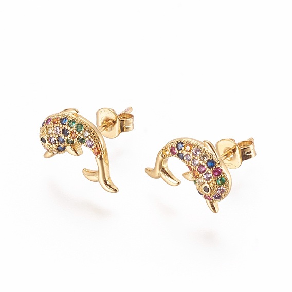 Brass Micro Pave Cubic Zirconia Stud Crawler Earrings, Climber Earrings, Dolphin, Golden