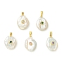Natural Keshi Pearl Pendants, Coin Charms with Brass Micro Pave Cubic Zirconia, with 304 Stainless Steel Snap on Bails, Golden, Floral White
