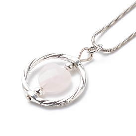 Ring with Heart Stone Beads Pendant Necklace, Heart Natural Rose Quartz Reiki Beads Pendant Necklace for Women