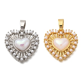 Heart Rack Plating Brass Pendants, with ABS Imitation Pearl Beads, Lead Free & Cadmium Free, Long-Lasting Plated