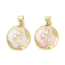 Rack Plating Brass Enamel Pendants, Long-Lasting Plated, Cadmium Free & Lead Free, Real 18K Gold Plated, Oval with Tulip Charm