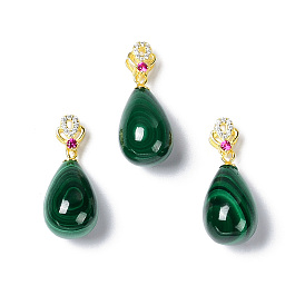 Natural Malachite Pendants, Teardrop Charms, with Golden Plated 925 Sterling Rhinestone Clasps