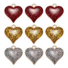 18Pcs 3 Colors Golden Zinc Alloy Enamel Pendants, with Glitter Sequin, Valentine's Day, Heart