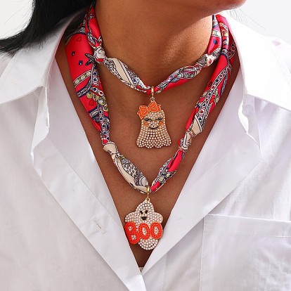 Кулон-подвеска в виде призрака на Хэллоуин из эмали с набивным тканевым шарфом, золотые