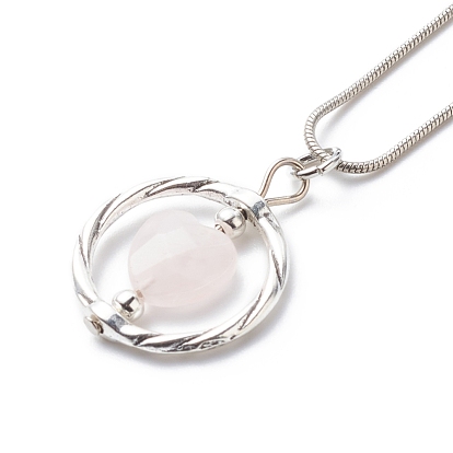 Ring with Heart Stone Beads Pendant Necklace, Heart Natural Rose Quartz Reiki Beads Pendant Necklace for Women