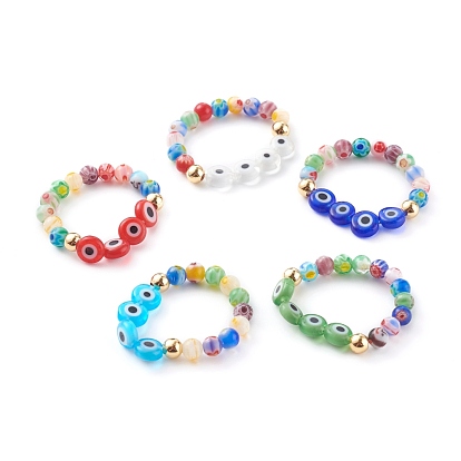 Handmade Millefiori Glass Beaded Stretch Rings, with Evil Eye Lampwork Beads and Brass Beads, Golden