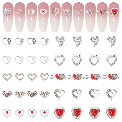 40Pcs 10 Style Alloy Rhinestone Cabochons, Nail Art Decoration Accessories, Heart