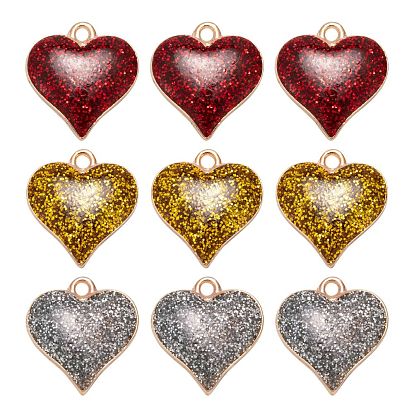 18Pcs 3 Colors Golden Zinc Alloy Enamel Pendants, with Glitter Sequin, Valentine's Day, Heart