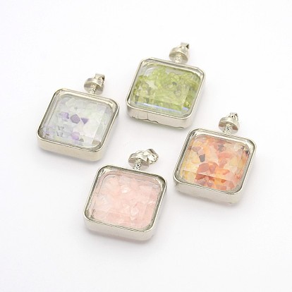 Platinum Plated Brass Glass Floating Locket Pendants, with Gemstone Chips Inside, Square