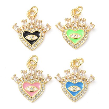 Colgantes de esmalte de circonita cúbica de latón, con anillo de salto, larga duración plateado, sin plomo y el cadmio, corazón, real 18 k chapado en oro