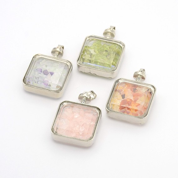 Platinum Plated Brass Glass Floating Locket Pendants, with Gemstone Chips Inside, Square