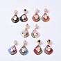 Resin & Wood Dangle Stud Earrings, with Handmade Porcelain Flower and Brass Earring Findings, Plastic Ear Nuts, Drop