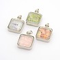 Platinum Plated Brass Glass Floating Locket Pendants, with Gemstone Chips Inside, Square