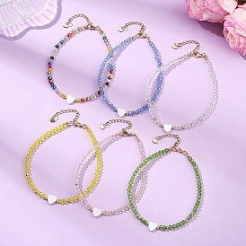 Браслеты на лодыжку для женщин из натуральных пресноводных ракушек в форме сердца и граненых ронделей из гальванически покрытых стеклянных бусин., золотые