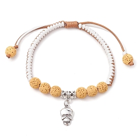 Bracelets de perles tressées en pierre de lave naturelle teinte ronde de s mm, Bracelets réglables en alliage avec breloque crâne d'halloween pour femmes et hommes