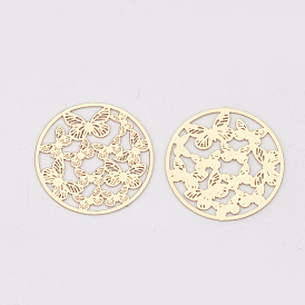 Brass Filigree Joiners Links, Etched Metal Embellishments, Long-Lasting Plated, Flat Round with Butterfly