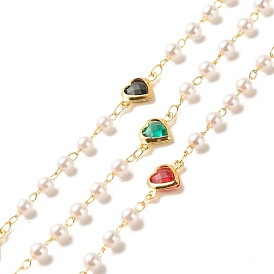 Brass Glass Heart Link Chains, with ABS Pearl Beaded, Long-Lasting Plated, Soldered, with Spool