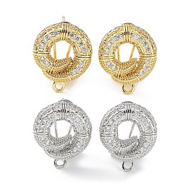 Twist Donut Brass Micro Pave Cubic Zirconia Stud Earrings Finding, with Horizontal Loops, Cadmium Free & Lead Free