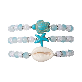 3Pcs 3 Styles Round Acrylic & Glass Beaded Stretch Bracelet Sets, Summer Beach Dyed Synthetic Turquoise & Cowrie Shell Stackable Bracelets for Women