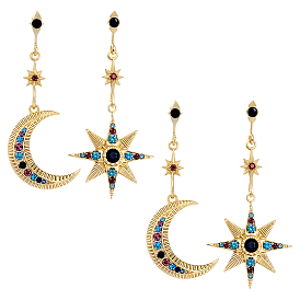 2 пары серег-гвоздиков с подвесками в виде луны и звезд со стразами, с цинкового сплава, слева и справа