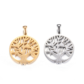 Ion Plating(IP) 304 Stainless Steel Pendants, Flat Round with Tree of Life
