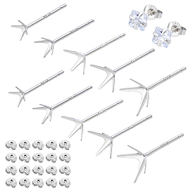 10Pares 5Estilos 925Aretes de plata de ley, Engastes de aretes de 4 puntas con 10 pares de tuercas de fricción de plata de ley con baño de rodio