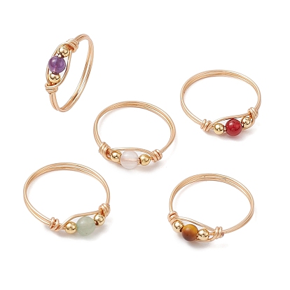 5pcs fil de cuivre enroulé rond naturel aventurine verte & quartz rose & œil de tigre & améthyste & cornaline bagues pour femmes