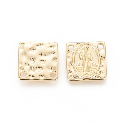 Brass Charms, Long-Lasting Plated, Square with Saint, Hammered