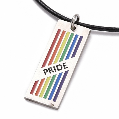 Pride Style 201 Stainless Steel Pendant Necklaces, with Enamel and Waxed Cords, Rectangle, Colorful