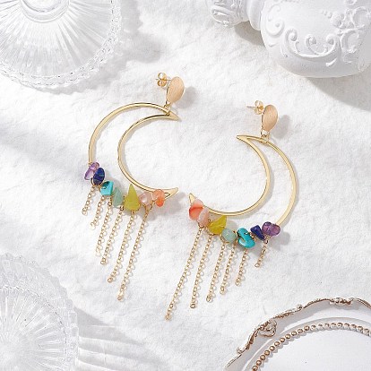 Серьги-гвоздики с подвесками из латуни в форме луны, с драгоценными камнями чип бисера