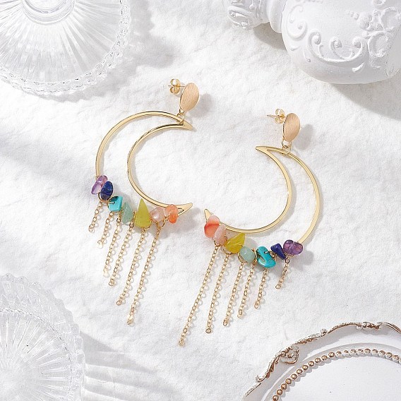 Серьги-гвоздики с подвесками из латуни в форме луны, с драгоценными камнями чип бисера