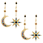2 пары серег-гвоздиков с подвесками в виде луны и звезд со стразами, с цинкового сплава, слева и справа