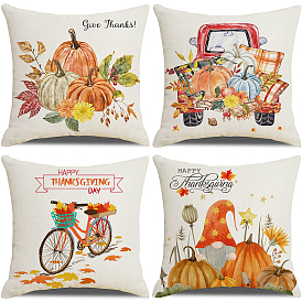 Thanksgiving Day Theme Linen Pillow Covers, Square with Maple Leaf/Pumpkin/Bike Pattern