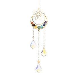 Chakra Natural & Synthetic Gemstone Beaded Wrapped Brass Moon Hanging Suncatchers, 201 Stainless Steel Flower & Teardrop Glass Charms for Home Decorations