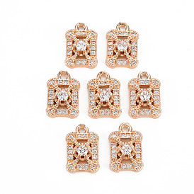 Rack Plating Brass Micro Pave Clear Cubic Zirconia Charms, Long-Lasting Plated, Cadmium Free & Lead Free, Rectangle