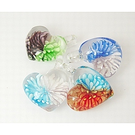 Handmade Lampwork Pendants, with Inner Flower, Heart, 32x40x18.5mm, Hole: 5.5x7mm