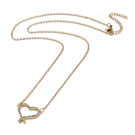 304 Stainless Steel Chain Necklaces, with Brass Micro Pave Cubic Zirconia Pendants, Love Heart for Women