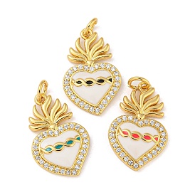 Rack Plating Brass Micro Pave Cubic Zirconia Pendants, with Enamel & Jump Ring, Cadmium Free & Lead Free, Long-Lasting Plated, Real 18K Gold Plated, Sacred Heart