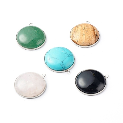 Handmade Natural & Synthetic Gemstone Pendants, with 304 Stainless Steel Settings, Half Round, Stainless Steel Color