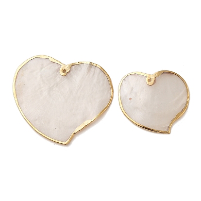 Natural Capiz Shell Pendants, Heart Charms with Golden Tone Brass Edge, Valentine's Day